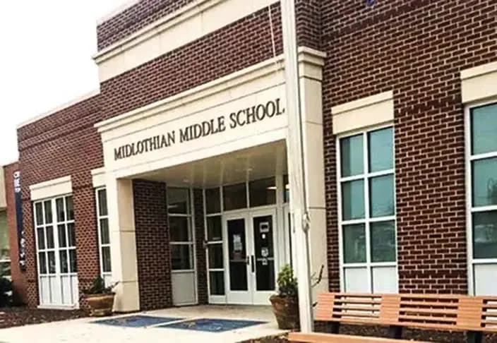 The front entrance of Midlothian Middle School, where The Local Vineyard meets weekly