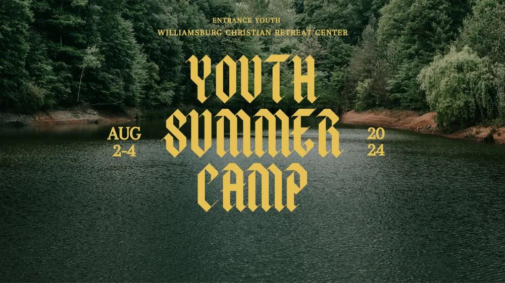 A forest on a lake with "youth summer camp" written over it