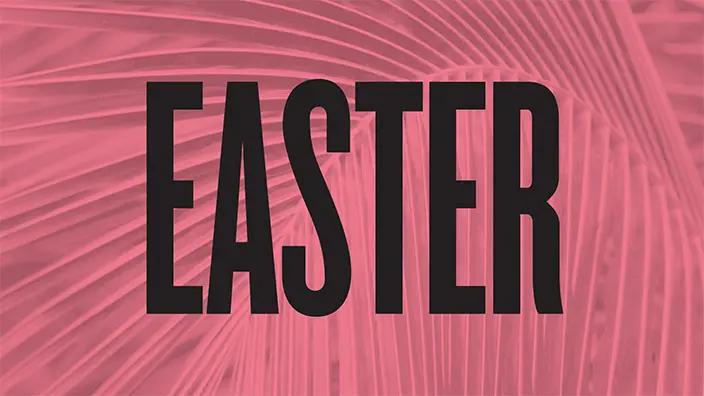 "Easter" is written over a pink palm background.