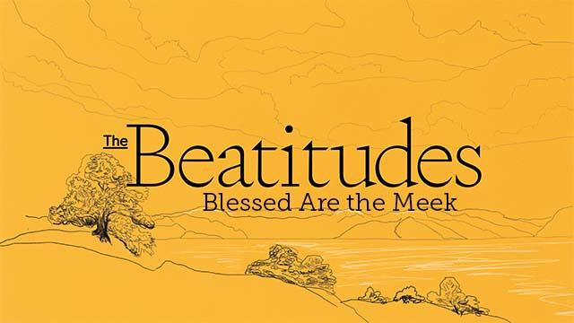 A simple illustration of a mountain with some trees on it. "The Beatitudes: Blessed Are the Meek" is written, too.
