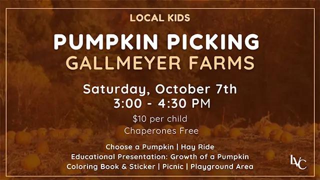 A pumpkin patch graphic with the information needed for the Local Kids pumpkin picking event with the Local Vineyard Church.