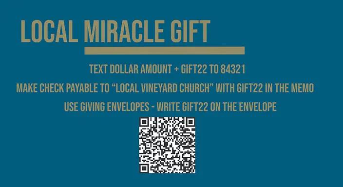 A deep blue background with yellow text describing ways to give to the Local Miracle Gift.